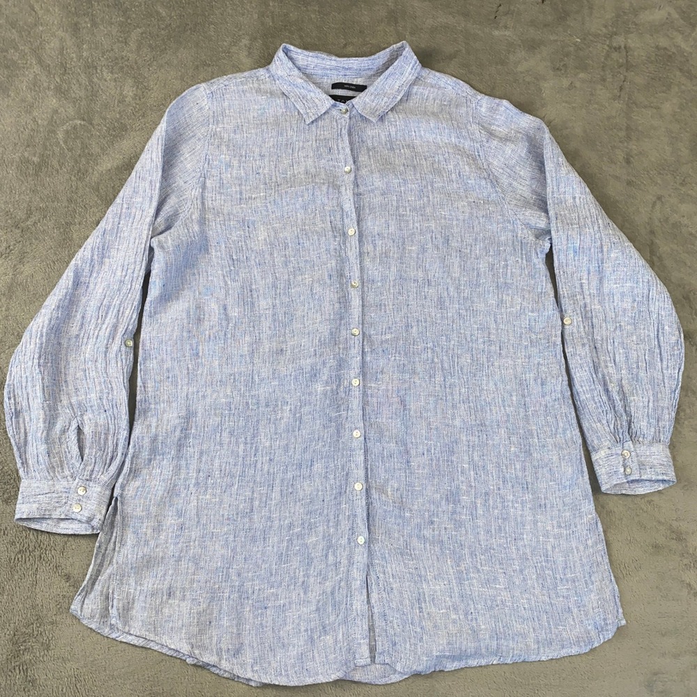 Tahari Linen Button Down Tunic Womens XL Blue Long Sleeve Roll Tab Shirt Coastal